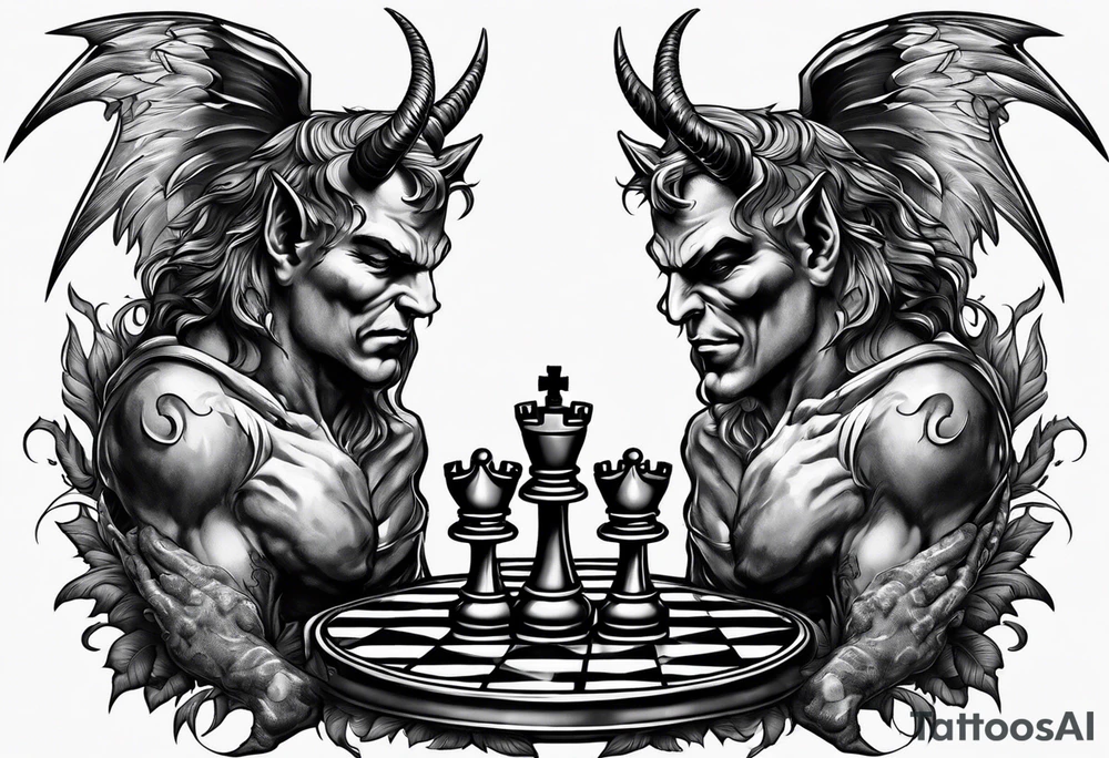 devil and angel hands playing chess tattoo idea