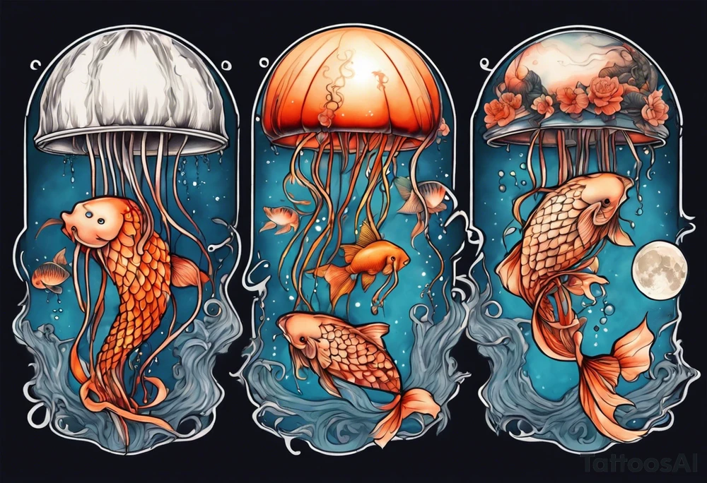 1 jellyfish with the moon in the lid. Then with koi carp swimming amongst the tentacles tattoo idea