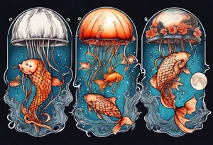 1 jellyfish with the moon in the lid. Then with koi carp swimming amongst the tentacles tattoo idea