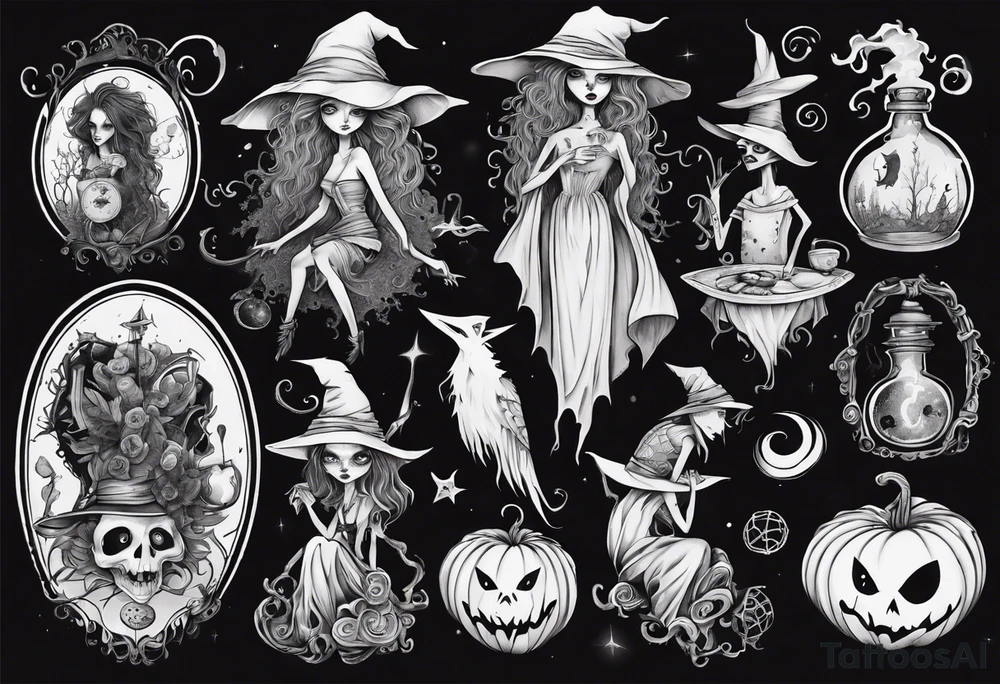 a Tim Burton-style witch tattoo idea
