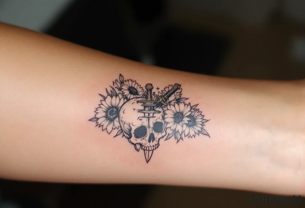 Skull, heart piercing a dagger with roses and sunflowers tattoo idea Skull, heart piercing a dagger with roses and sunflowers tattoo idea