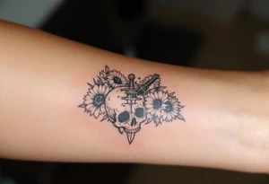 Skull, heart piercing a dagger with roses and sunflowers tattoo idea