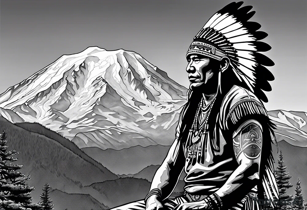 American Indian drummer in front of Mount Denali tattoo idea