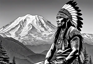 American Indian drummer in front of Mount Denali tattoo idea