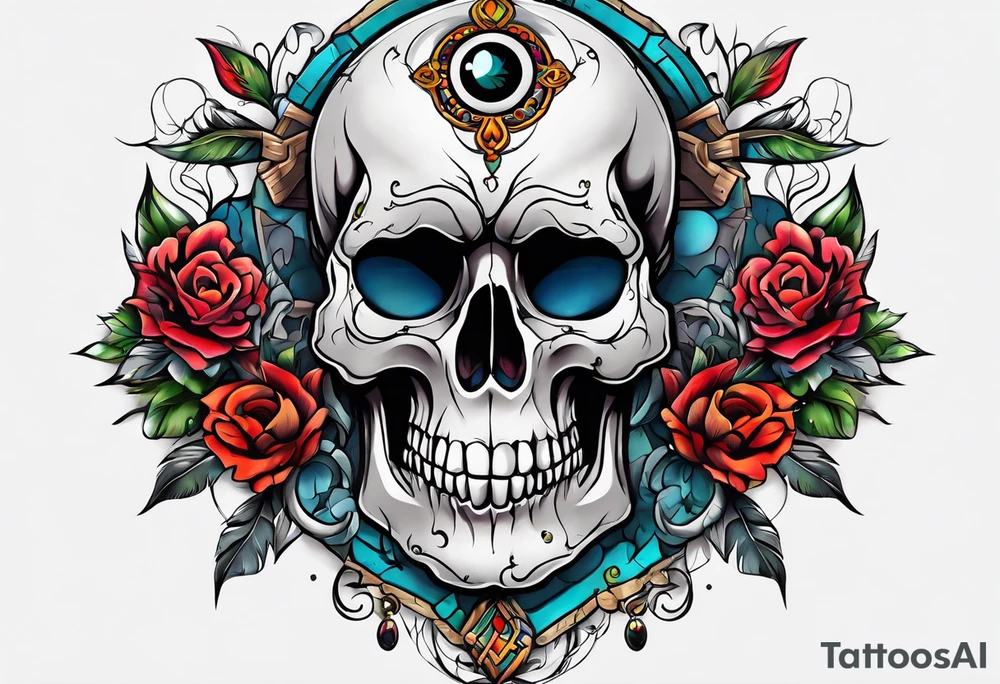 Bright bold Neo traditional broken skull with third eye tattoo idea