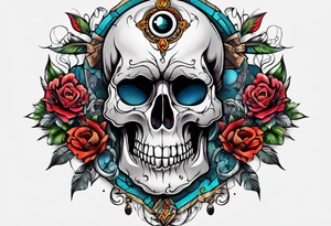 Bright bold Neo traditional broken skull with third eye tattoo idea