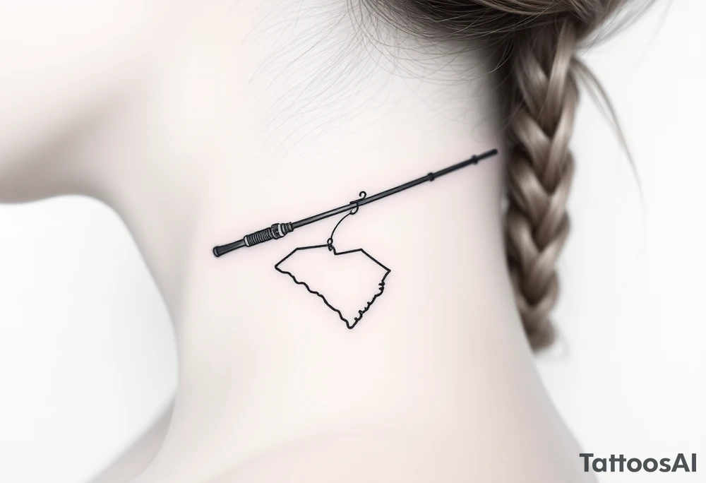 Old fishing rod with South Carolina state dangling as if caught tattoo idea