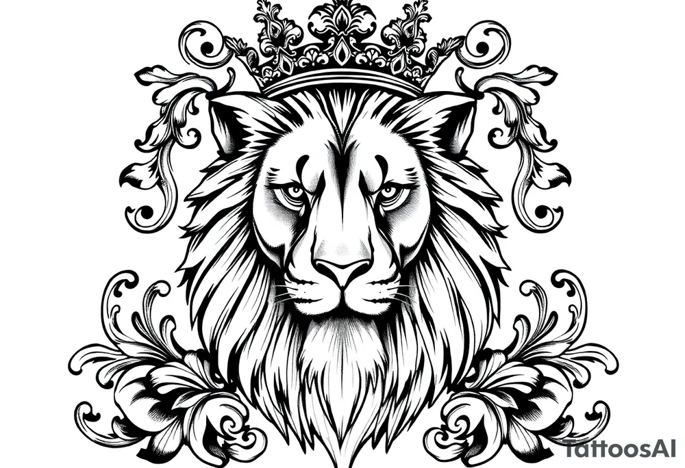 majestic lion wearing ornate crown, surrounded by baroque flourishes tattoo idea