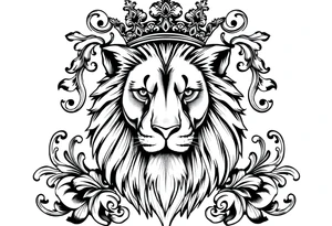 majestic lion wearing ornate crown, surrounded by baroque flourishes tattoo idea