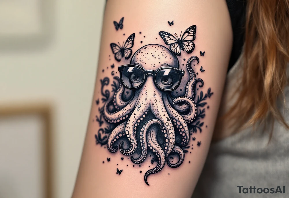 cute octopus, wearing glasses, friendly, surrounded by butterflies and oceanic items, trippy, acid tattoo idea
