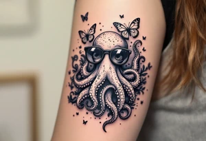 cute octopus, wearing glasses, friendly, surrounded by butterflies and oceanic items, trippy, acid tattoo idea