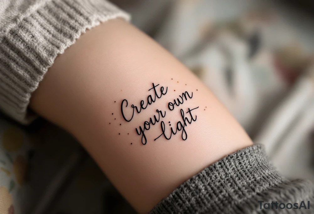 "Create Your Own Light" in delicate serif font, charcoal black with subtle warm yellow tones. tattoo idea