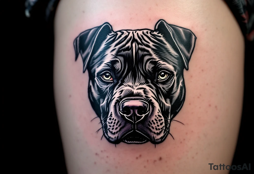 Black and gray pitbull head in realistic style, ears cropped, eyes intense, detailed fur texture with subtle shading for depth. tattoo idea