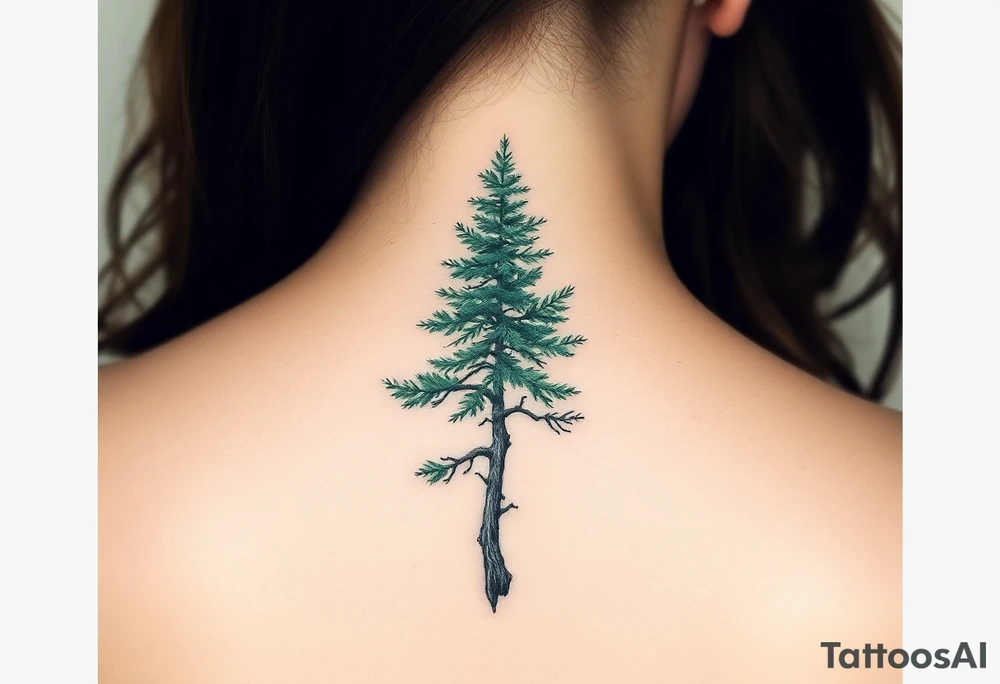 Evergreen tree down spine tattoo idea