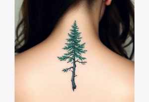 Evergreen tree down spine tattoo idea