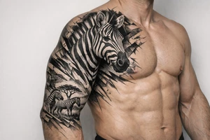 Realistic zebra across chest onto arm tattoo idea