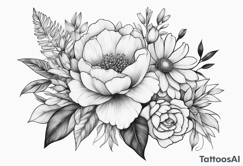 fine line floral bouquet tattoo idea