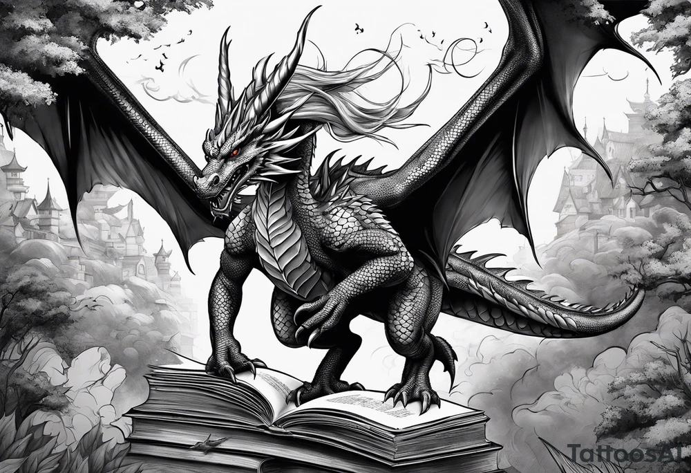 dragon Coming out of a book tattoo idea
