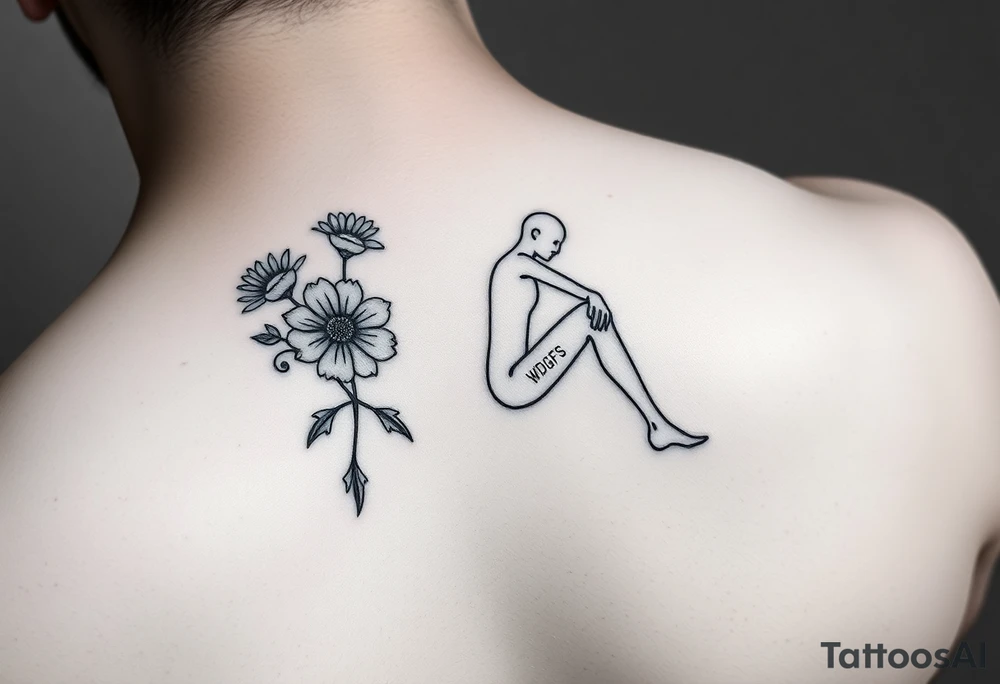 generate 3 minimalistic batch tatoos for the left male hand. one shoud be flowery the other should be an outline servant drawing with a bendend knee and initials "WDGFS" think of a 3rd. position them where i don't see them easily eg at the back or sides of the arm tattoo idea