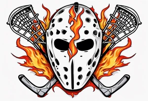 goalie mask with crossed hockey sticks and flames that says "SHOT HOCKEY" tattoo idea