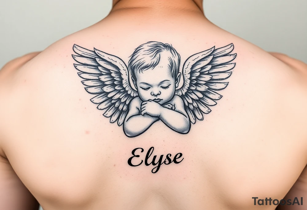 Create baby angle with closed wings, hand crossed and her name Elyse in the image
Again tattoo idea