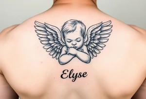 Create baby angle with closed wings, hand crossed and her name Elyse in the image
Again tattoo idea