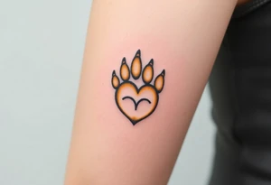 A lion paw with golden highlights and the heart surrounding the paw tattoo idea