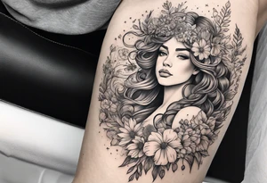 wildflowers and pegasus and valkyrie curly hair princess half sleeve arm tattoo idea