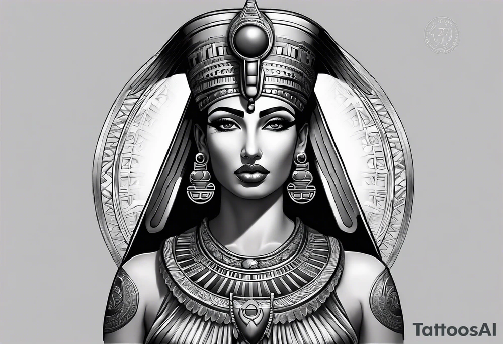 black and gray photo realistic goddess isis with minimal detail tattoo idea
