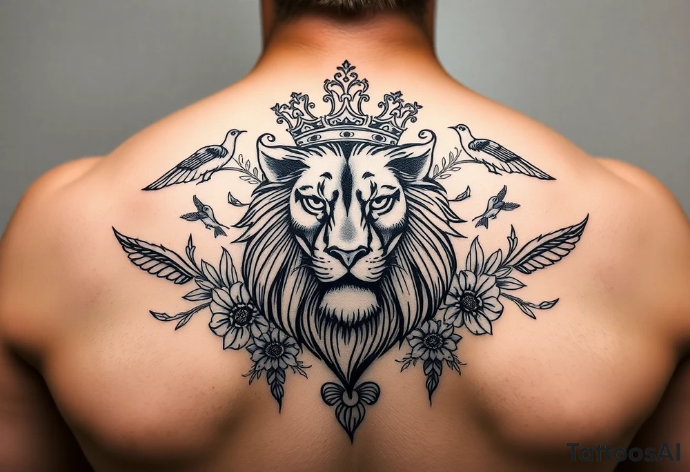 powerful majestic lion with a crown, surrounded by floral ornaments and birds tattoo idea