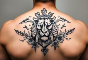 powerful majestic lion with a crown, surrounded by floral ornaments and birds tattoo idea
