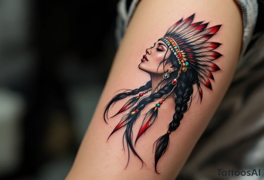 A Native American woman with long black braided hair adorned with turquoise beads and a feathered headdress in red, white, and black. tattoo idea