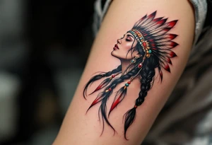 A Native American woman with long black braided hair adorned with turquoise beads and a feathered headdress in red, white, and black. tattoo idea