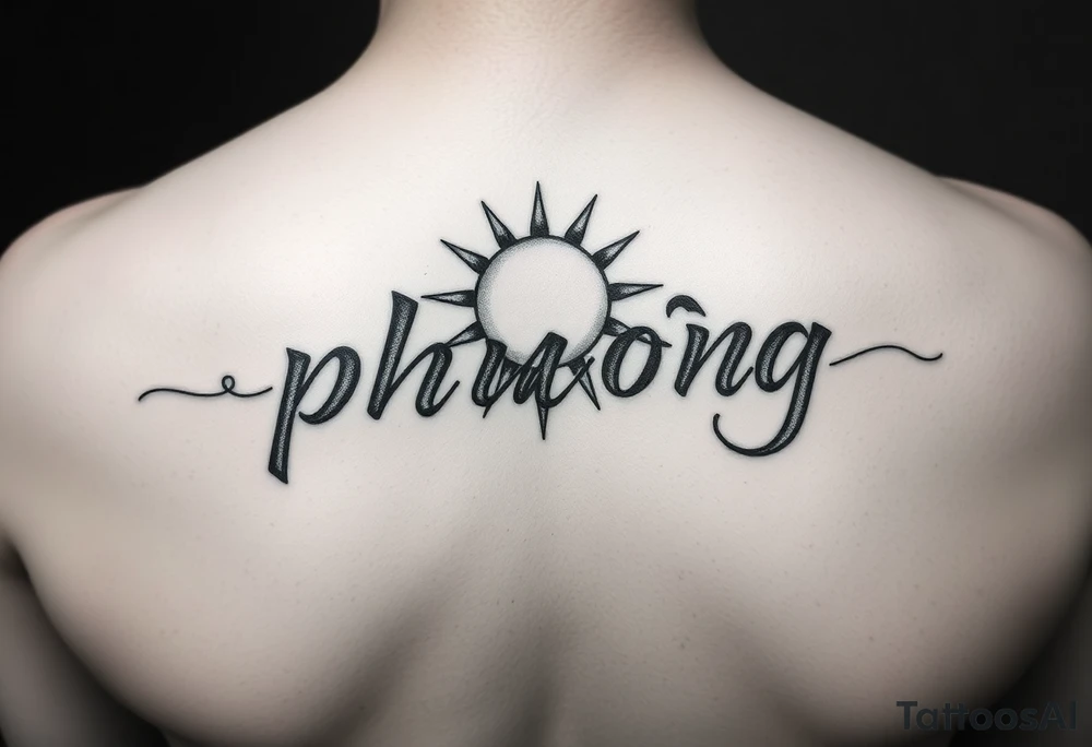 Word "phuong" written with sun inner arm tattoo idea