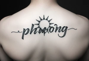 Word "phuong" written with sun inner arm tattoo idea