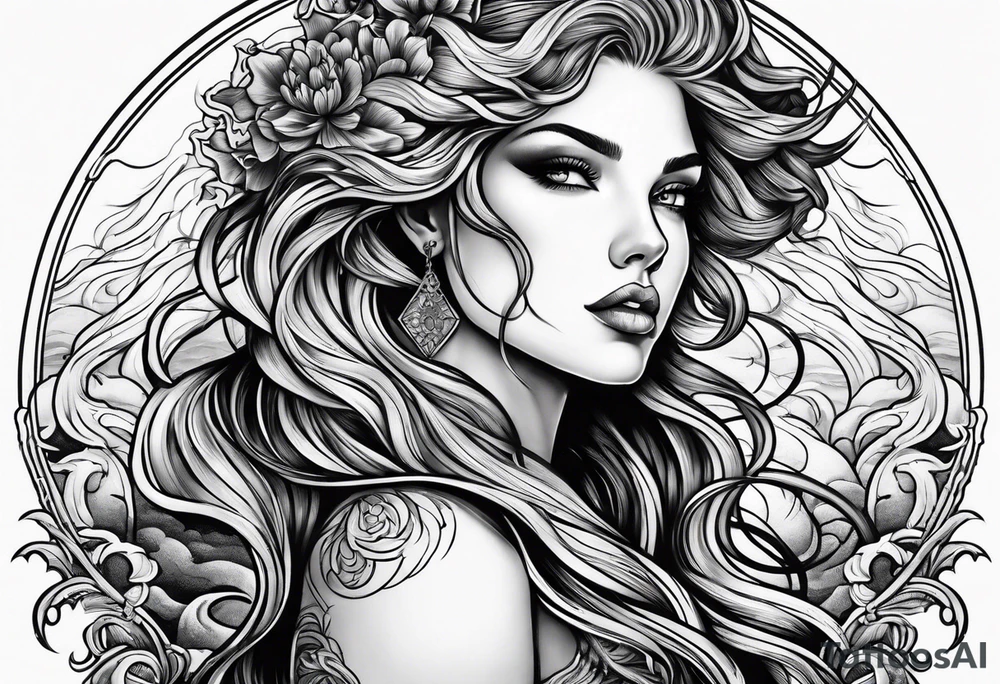goddess, stormy sea, full length tattoo idea