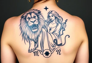 Roaring Leo lion holding virgo woman with robe and wavy hair, add Sagittarius female and Capricorn male below these tattoo idea