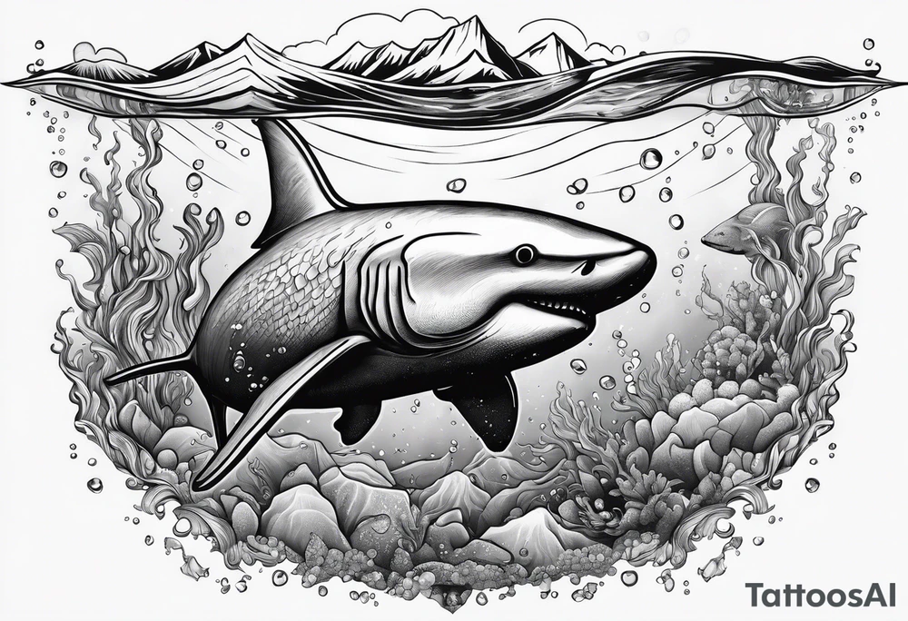 ice berg from underwater with a scubadiver swimming below it tattoo idea