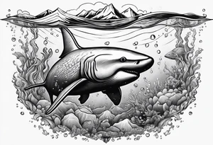 ice berg from underwater with a scubadiver swimming below it tattoo idea