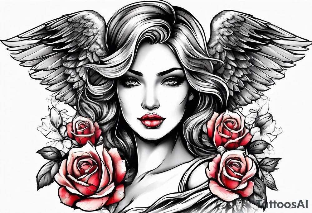 Beautiful woman angle with wings standing surrounded by roses tattoo idea