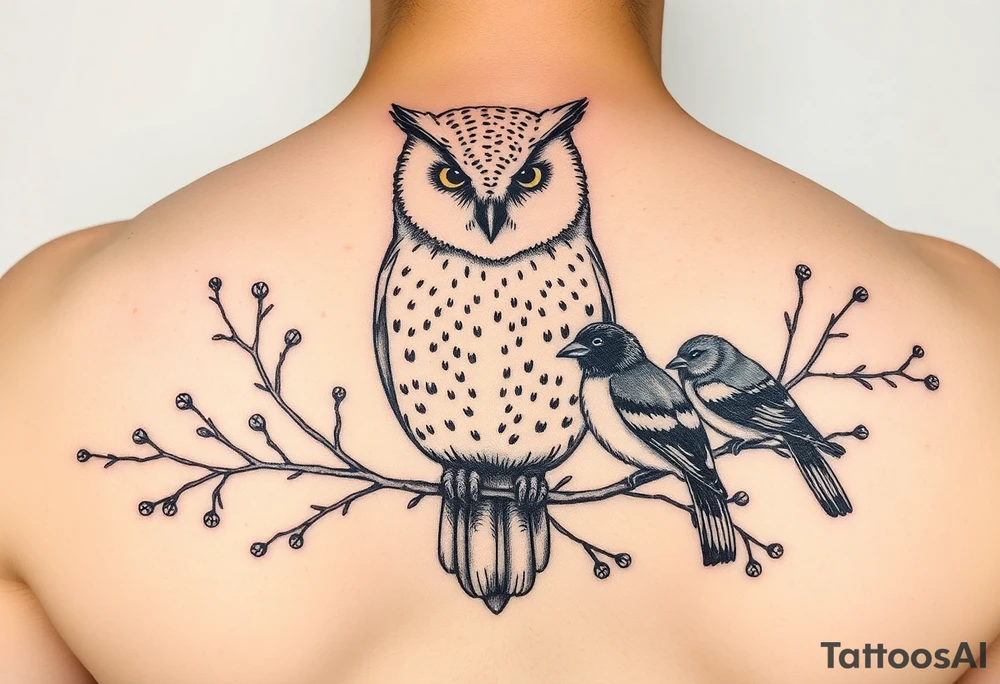A barn owl and 2 magpies, entwined by rowan tree branches. In fineline and dotwork tattoo idea