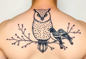 A barn owl and 2 magpies, entwined by rowan tree branches. In fineline and dotwork tattoo idea