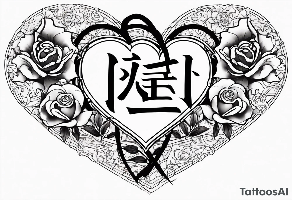 A big heart with my Japanese middle name (minoru) in Japanese characters inside of the heart. With 2 crosses and a rose inside of it tattoo idea