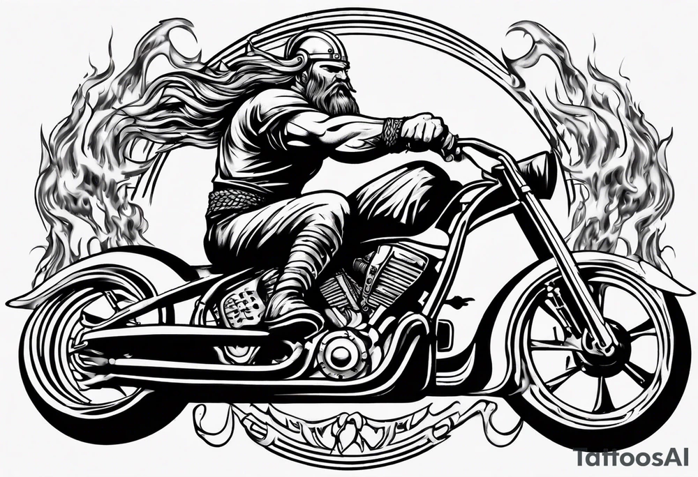 I want a detailed tattoo of a viking riding a motorcycle surrounded by flames with the company name “Viking Customs” incorporated in the design tattoo idea
