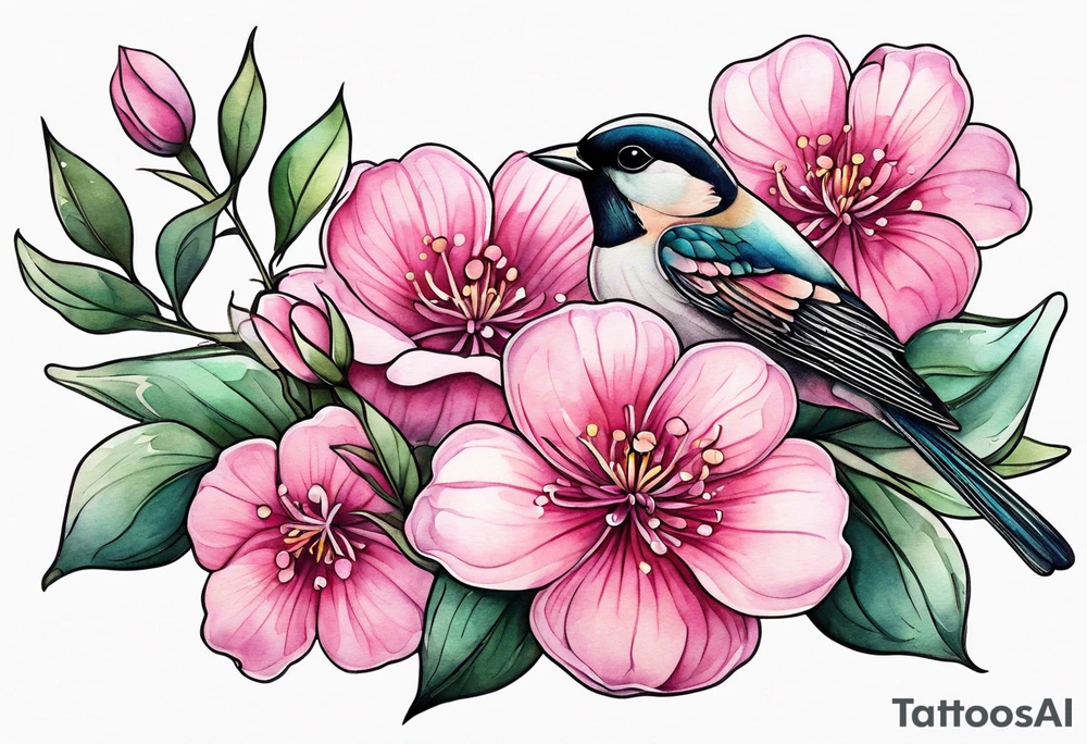 Small Pink flowers with decorative dott pattern, a bird and libra tattoo idea