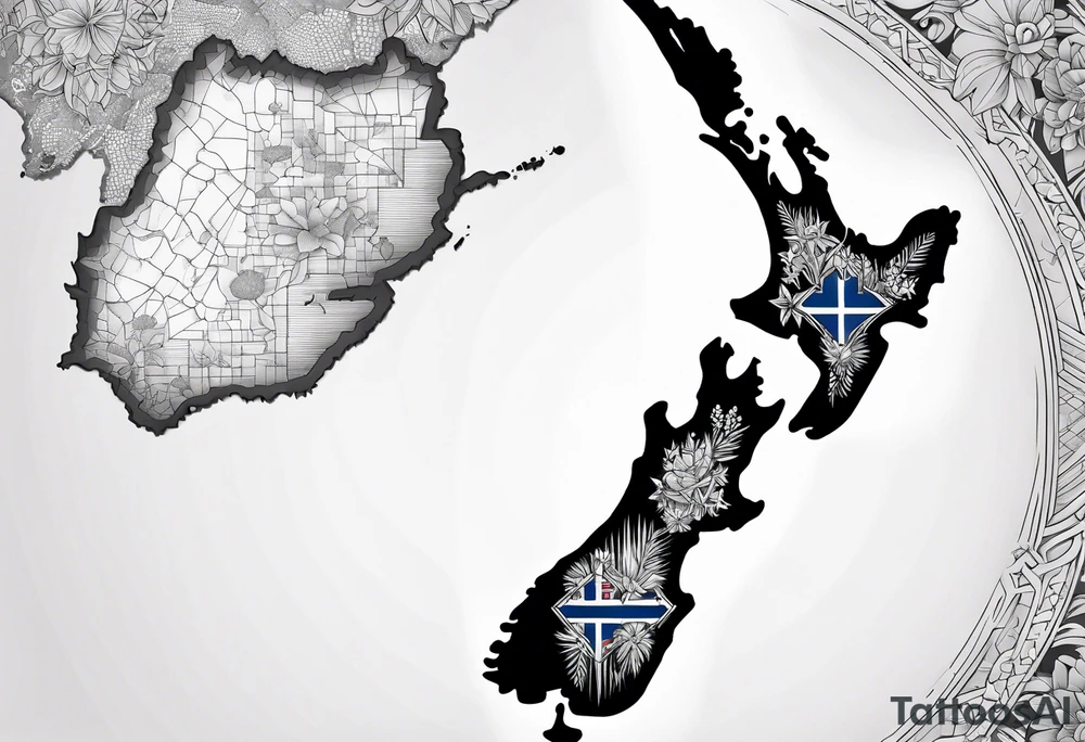 New Zealand map outline behind it and southern cross tattoo idea