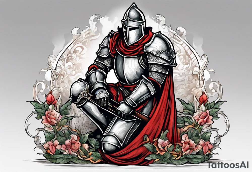knight kneeling cross of saint george in background tattoo idea