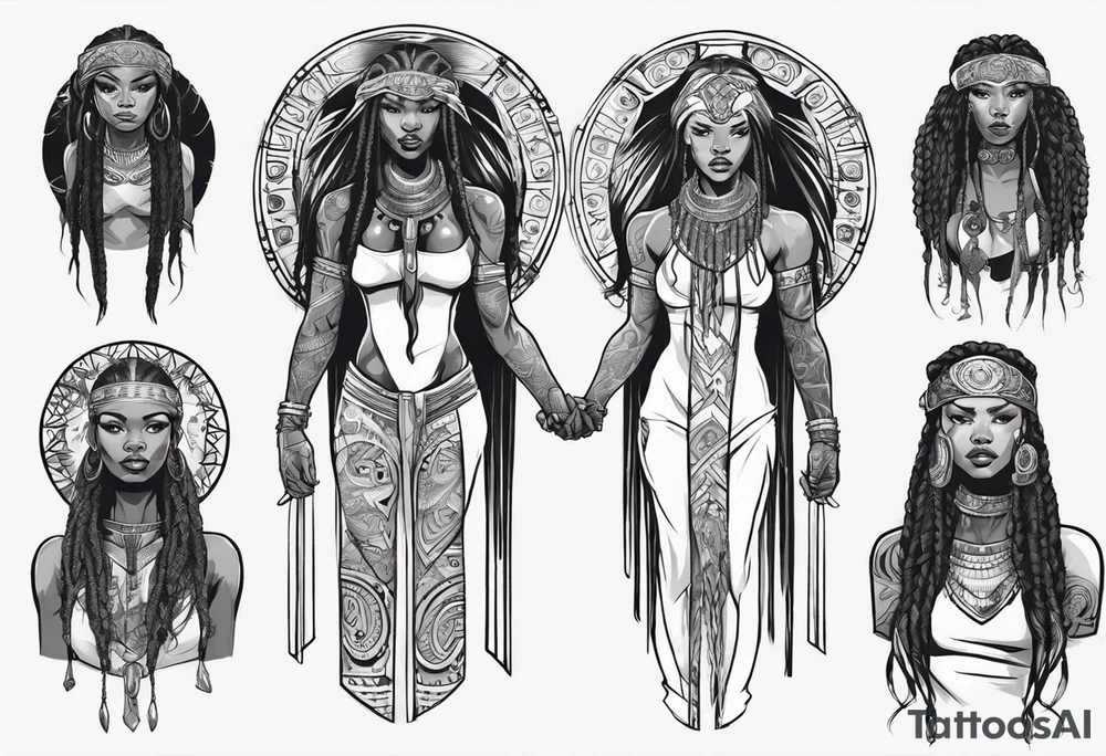 African female Viking  angel full body 
slim long face small mouth long braided hair tattoo idea
