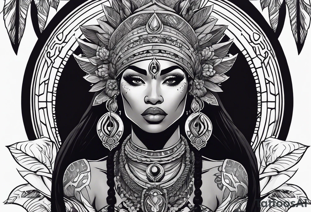 valkrye, kali, pirate, african goddess, , warrior, native american, lotus, zenza resonance, skulls, pachamama, left side face, chest, right wing, tattoo idea