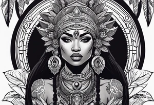 valkrye, kali, pirate, african goddess, , warrior, native american, lotus, zenza resonance, skulls, pachamama, left side face, chest, right wing, tattoo idea